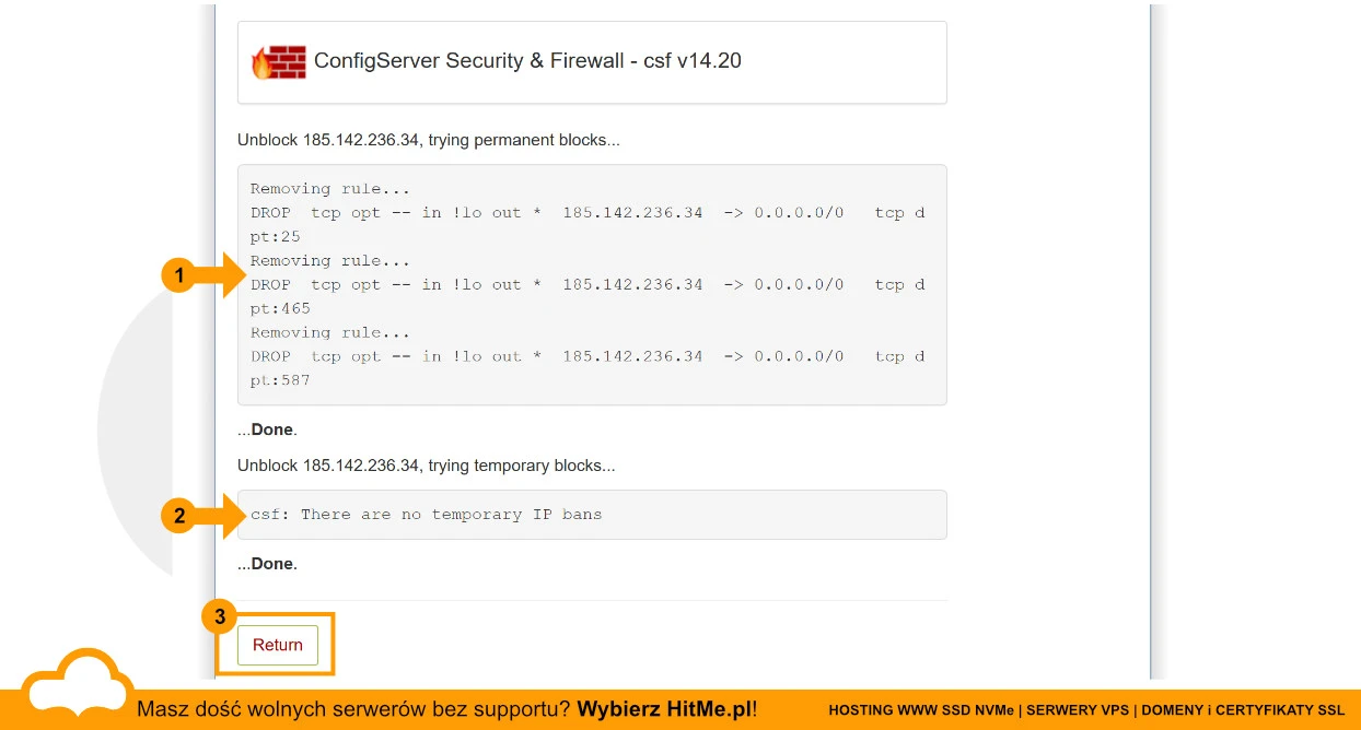 csf firewall usuniecie blokady IP