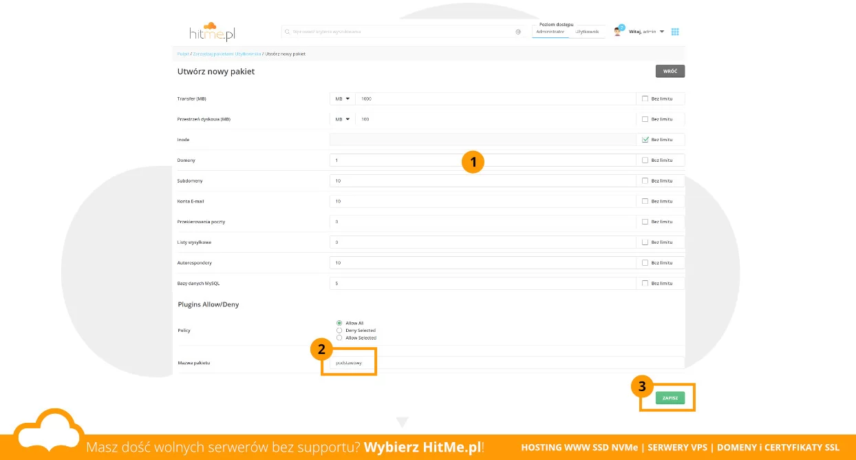 directadmin pakiet parametry