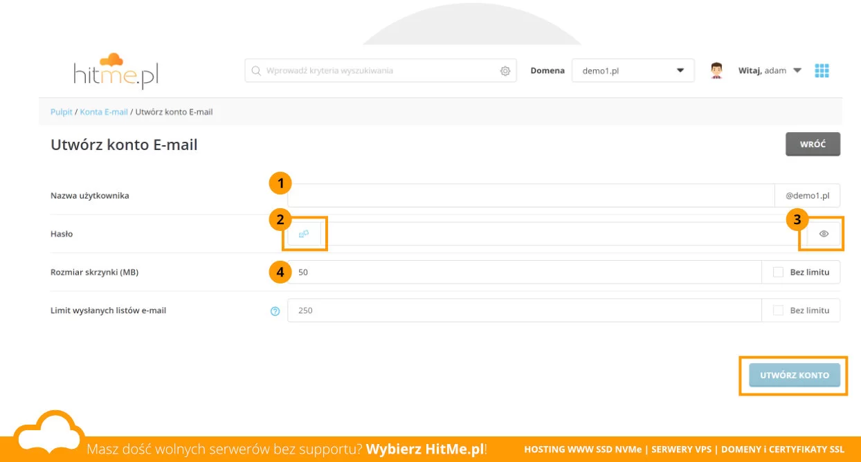 directadmin nowe konto email