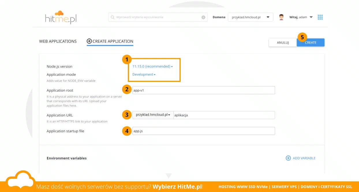nodejs app ustawienia