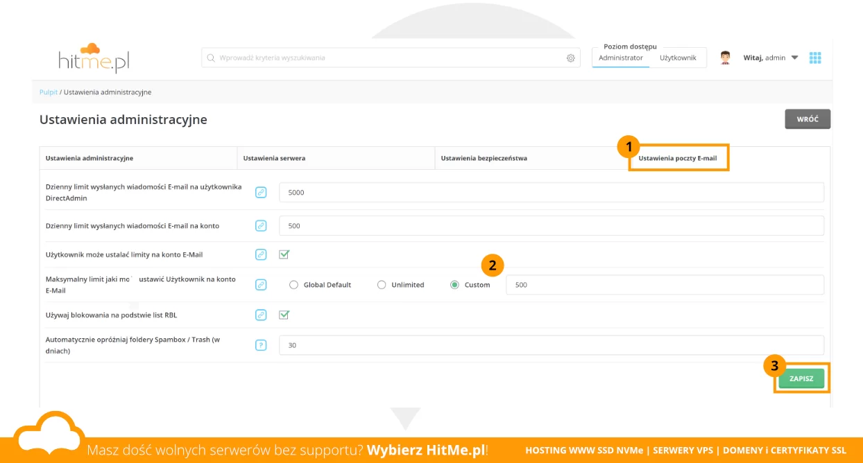 directadmin ustawienia mail