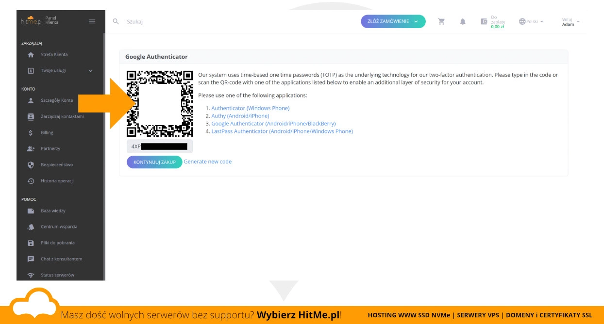 PanelKlienta 2FA kod QR