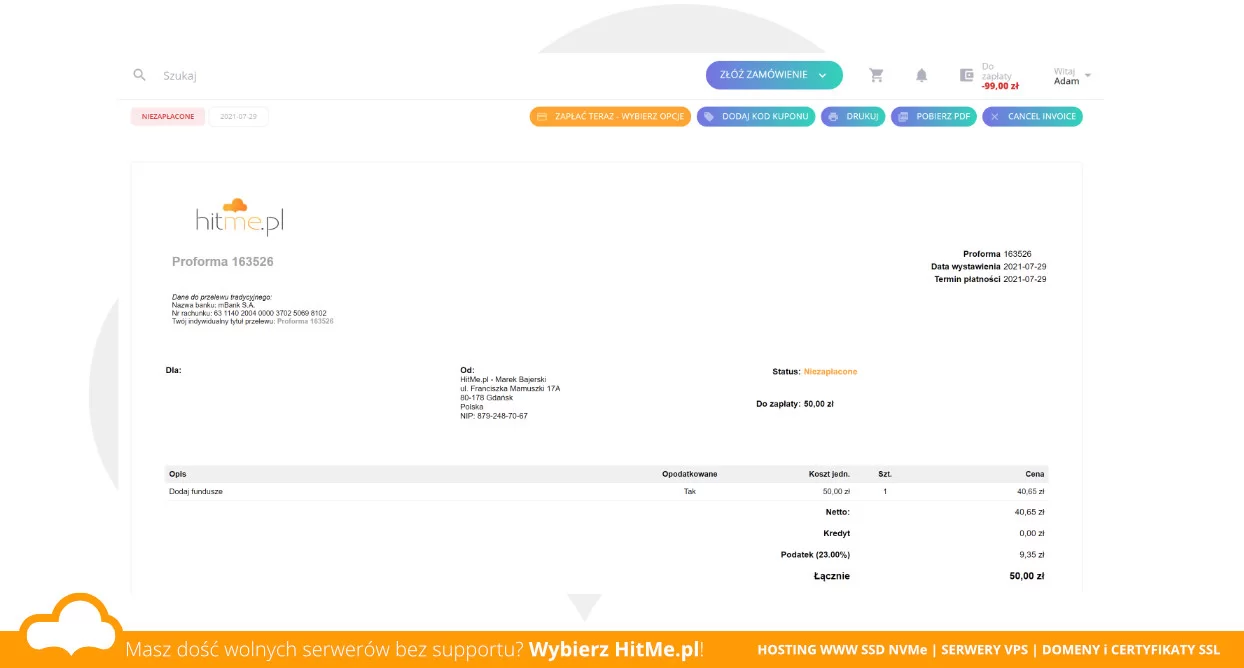 panel klienta skarbonka proforma