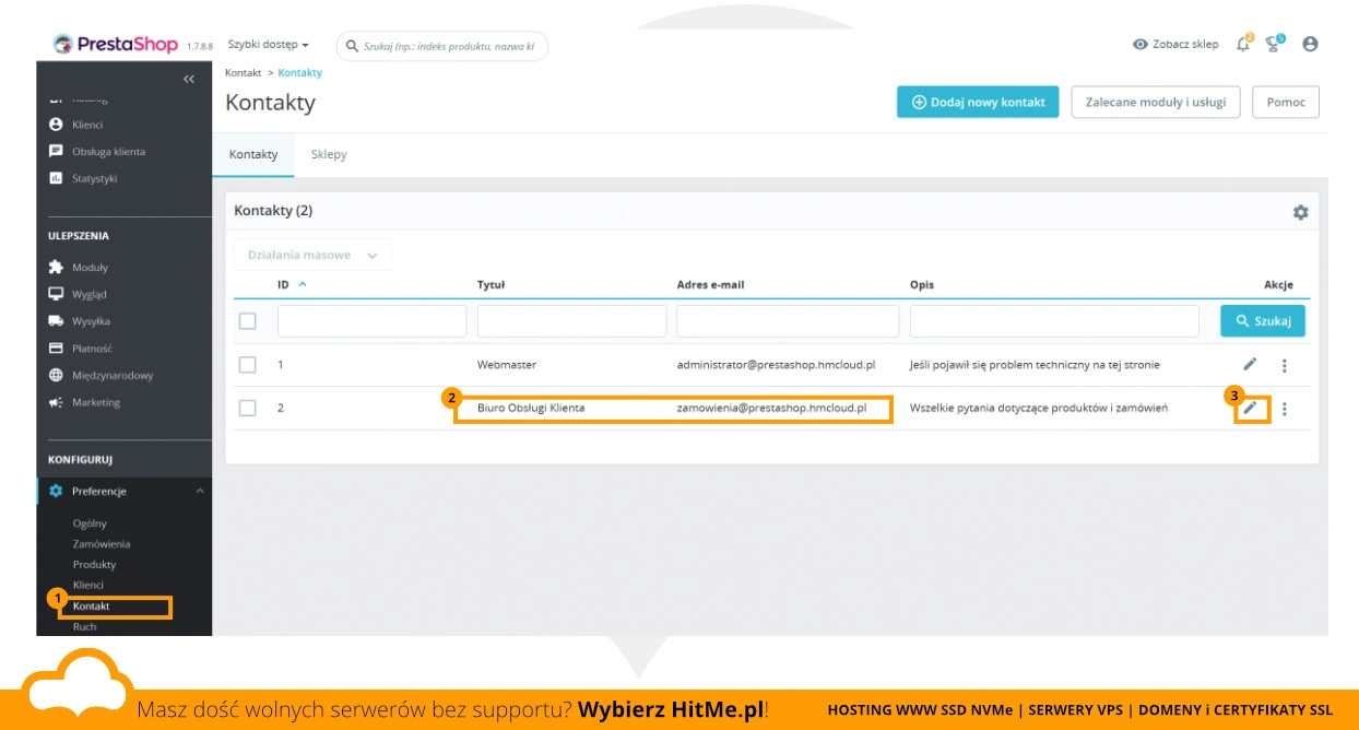 kontakty w prestashop smtp