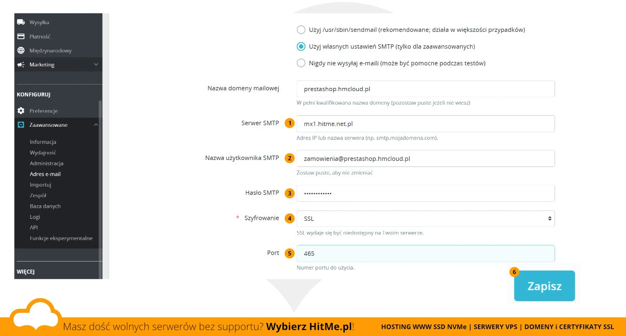 prestashop smtp ustawienia
