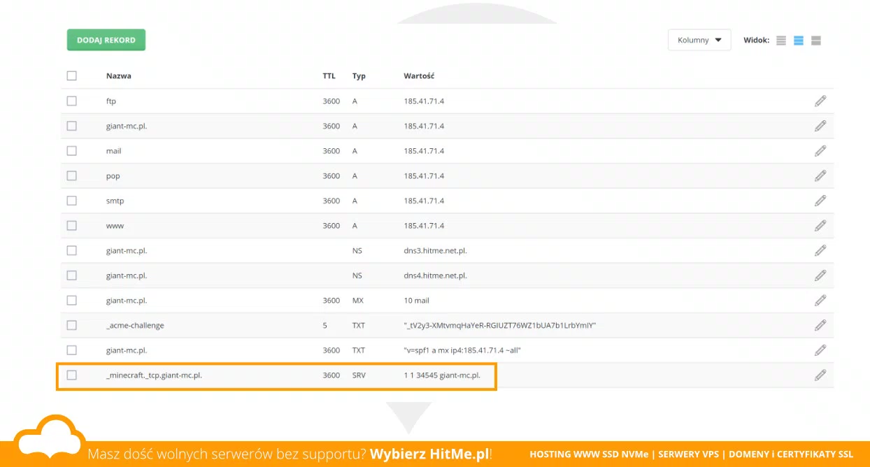 Wartości rekordu DNS
